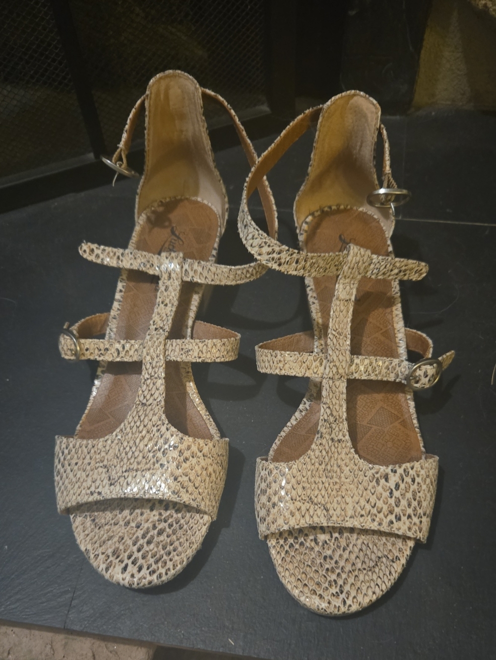 Lucky Brand Beige Snake-Print Strappy Sandals